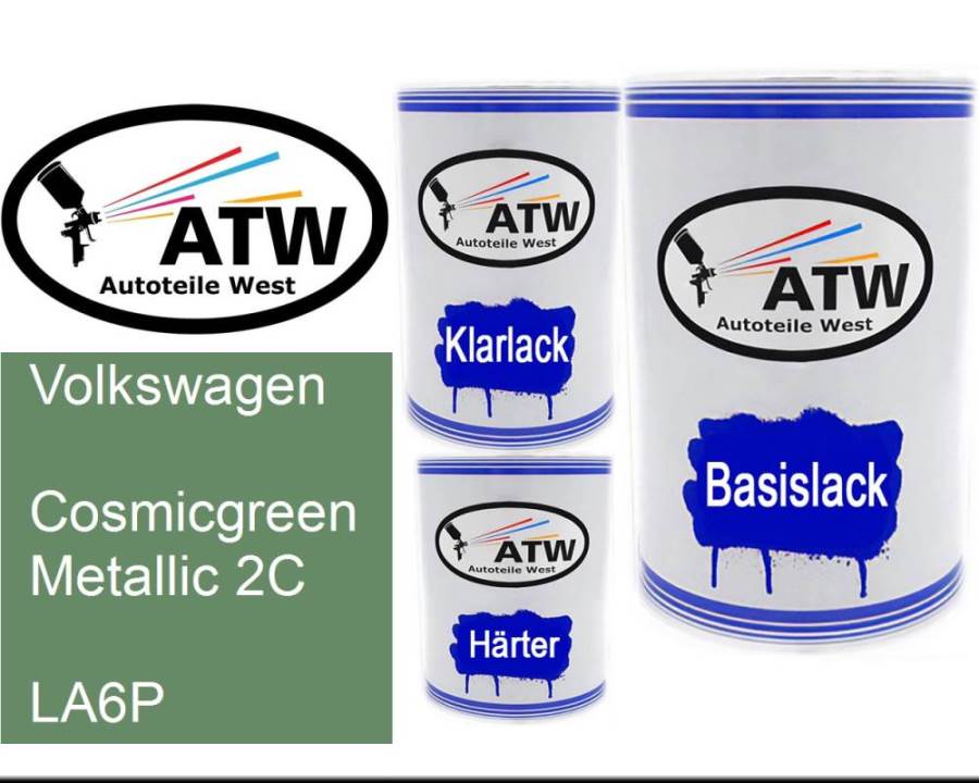 Volkswagen, Cosmicgreen Metallic 2C, LA6P: 500ml Lackdose + 500ml Klarlack + 250ml Härter - Set, von ATW Autoteile West.